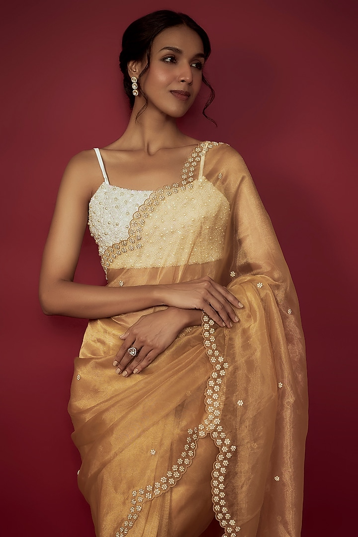 Gold Silk Organza Pearl Embroidered Scalloped Wedding Saree Set by Phatakaa at Pernia's Pop Up Shop
