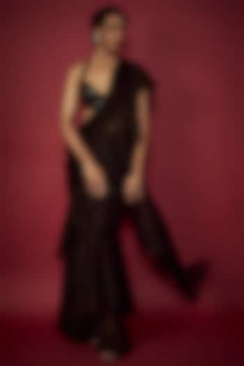 Black Satin Georgette Pre-Draped Ruffled Wedding Saree Set by Phatakaa at Pernia's Pop Up Shop