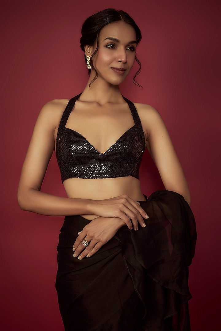 Black Satin Georgette Pre-Draped Ruffled Wedding Saree Set by Phatakaa at Pernia's Pop Up Shop