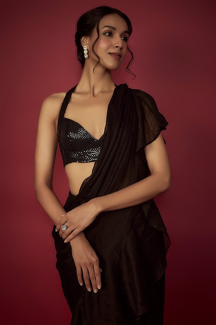 Black Satin Georgette Pre-Draped Ruffled Wedding Saree Set by Phatakaa at Pernia's Pop Up Shop