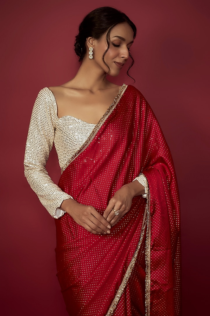 Red Recycled Polyester Gota Party Wear Saree Set by Phatakaa at Pernia's Pop Up Shop