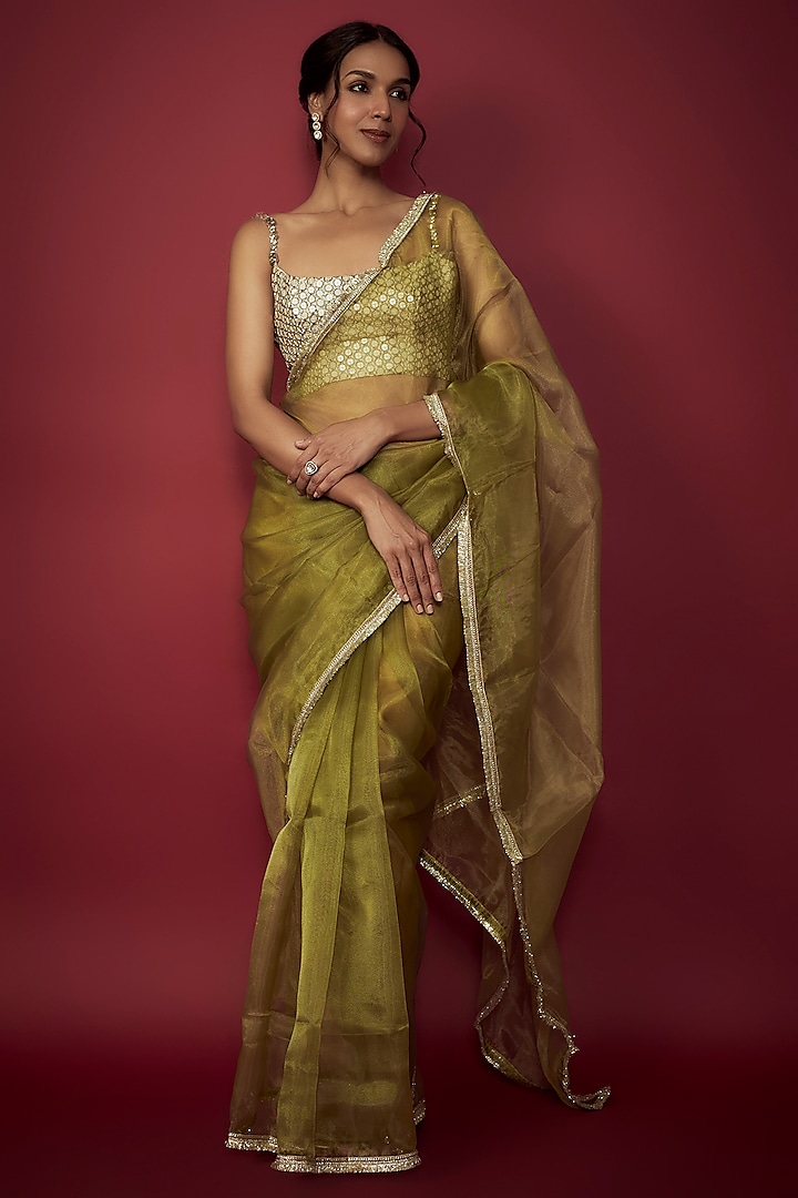 Olive Green Organza Gota Party Wear Saree Set by Phatakaa at Pernia's Pop Up Shop
