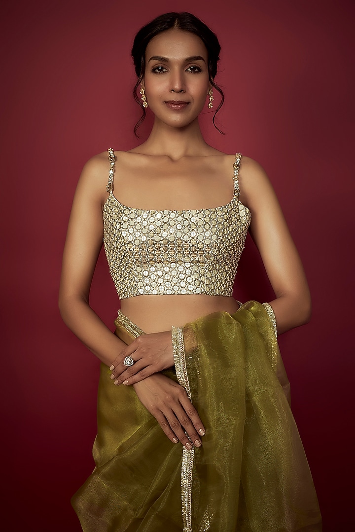 Olive Green Organza Gota Party Wear Saree Set by Phatakaa at Pernia's Pop Up Shop