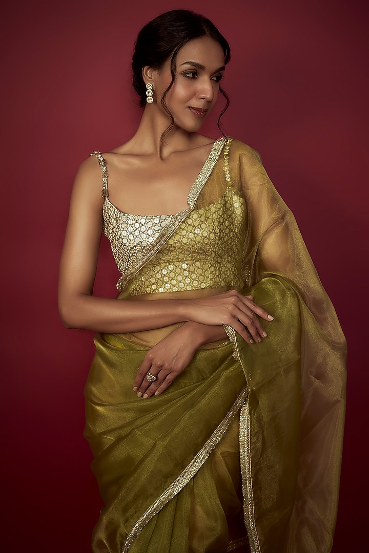 Olive Green Organza Gota Party Wear Saree Set by Phatakaa at Pernia's Pop Up Shop
