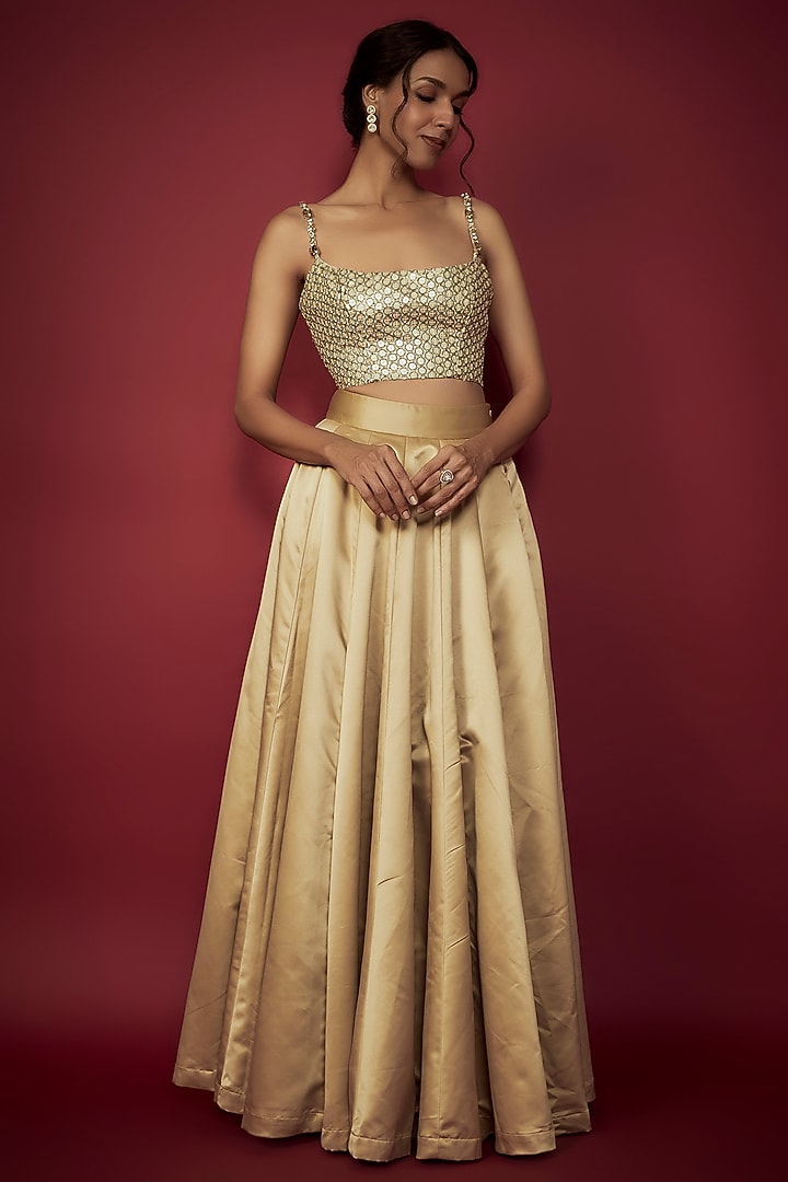 Gold Satin Wedding Lehenga Set by Phatakaa at Pernia's Pop Up Shop
