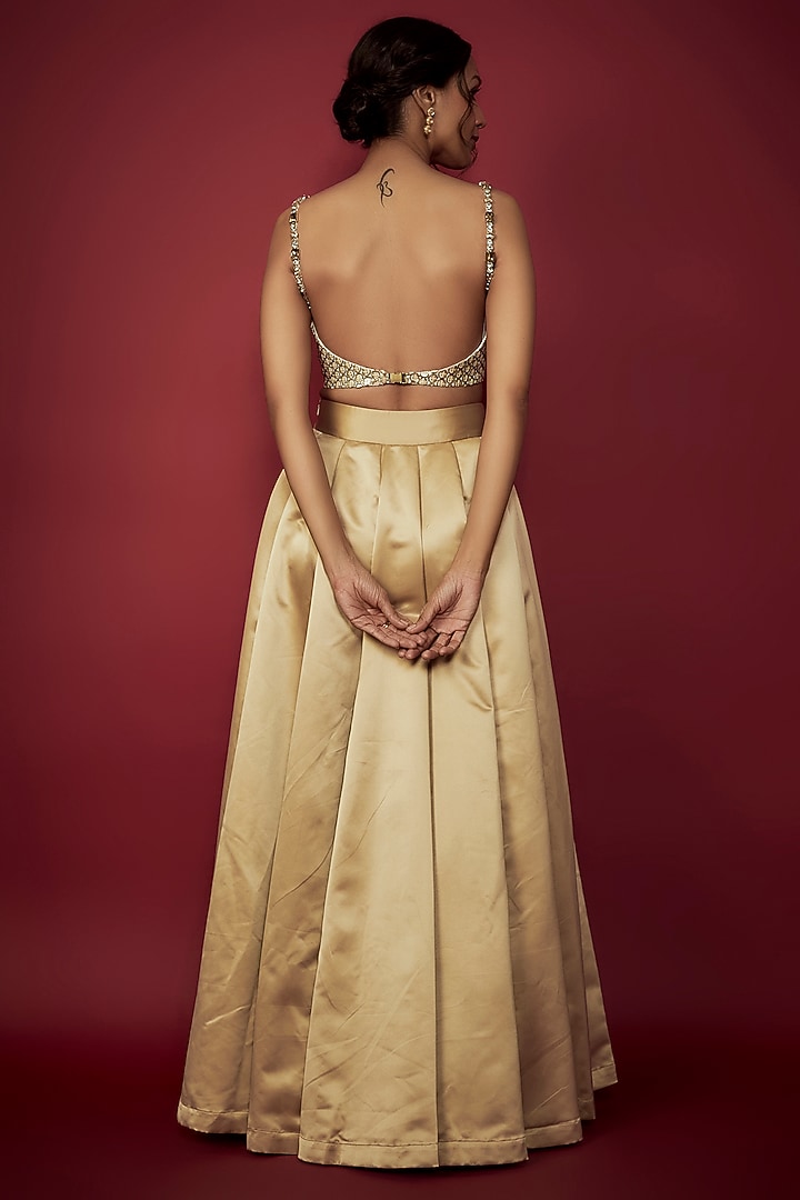 Gold Satin Wedding Lehenga Set by Phatakaa at Pernia's Pop Up Shop