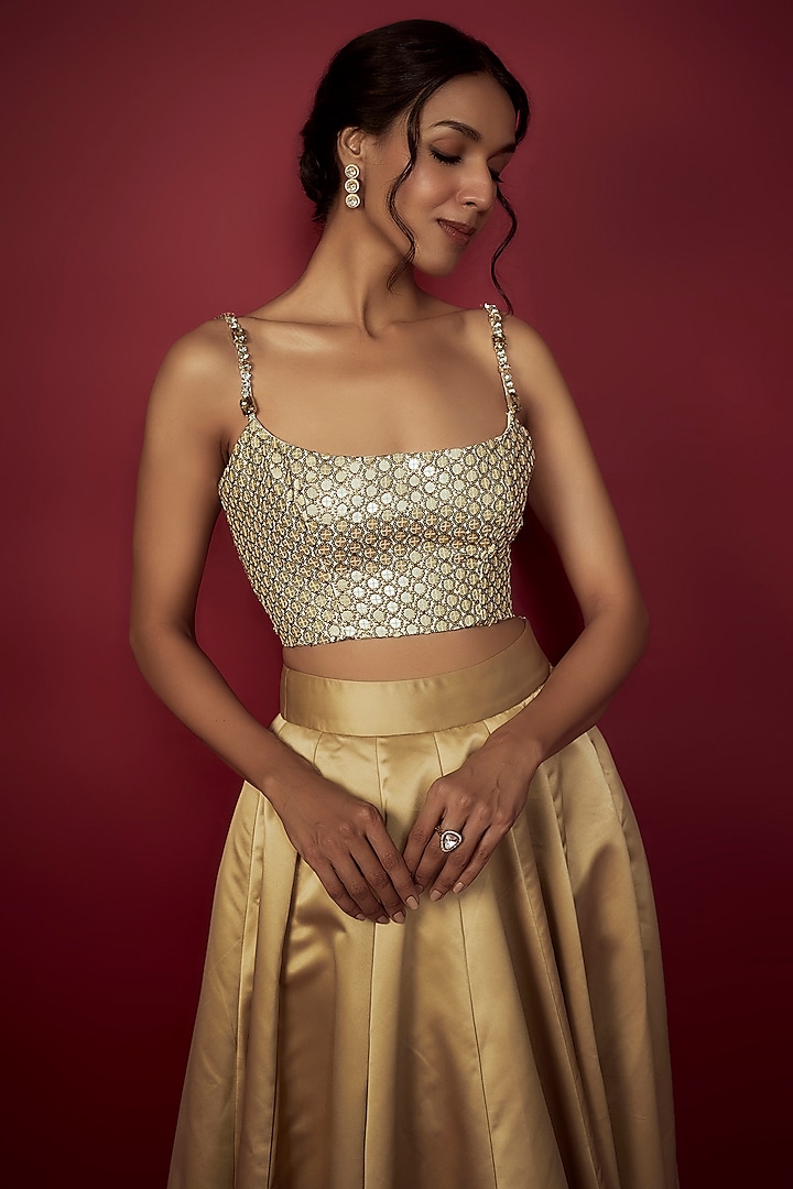 Gold Satin Wedding Lehenga Set by Phatakaa at Pernia's Pop Up Shop
