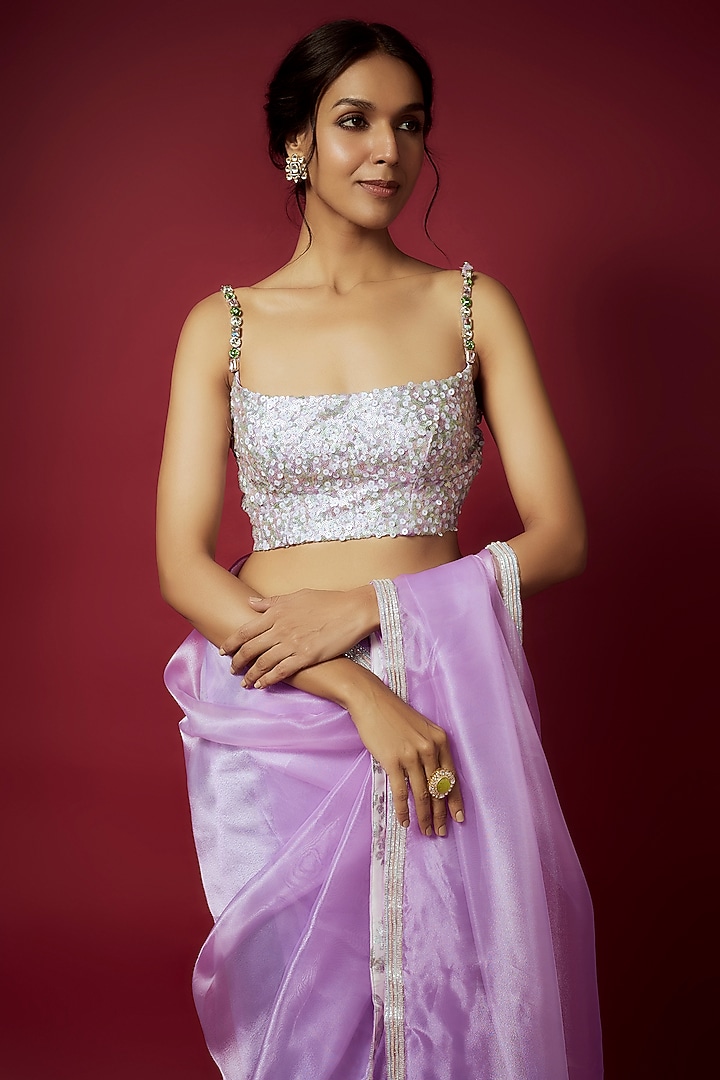 Lilac Organza Pre-Draped Wedding Saree Set by Phatakaa at Pernia's Pop Up Shop
