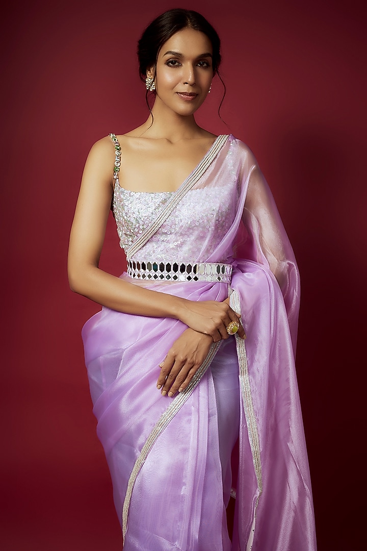 Lilac Organza Pre-Draped Wedding Saree Set by Phatakaa at Pernia's Pop Up Shop