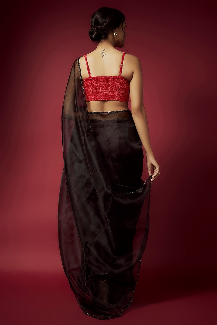 Black Organza Pre-Draped Party Wear Saree Set by Phatakaa at Pernia's Pop Up Shop
