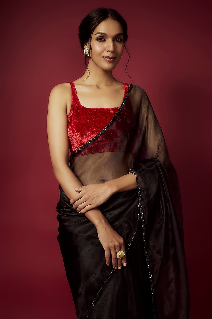 Black Organza Pre-Draped Party Wear Saree Set by Phatakaa at Pernia's Pop Up Shop