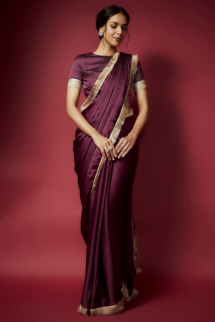 Purple Recycled Polyester Pre-Draped Saree Set by Phatakaa at Pernia's Pop Up Shop