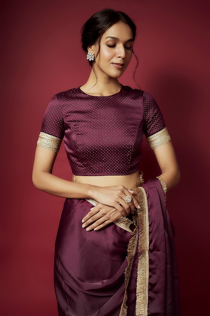 Purple Recycled Polyester Pre-Draped Party Wear Saree Set by Phatakaa at Pernia's Pop Up Shop