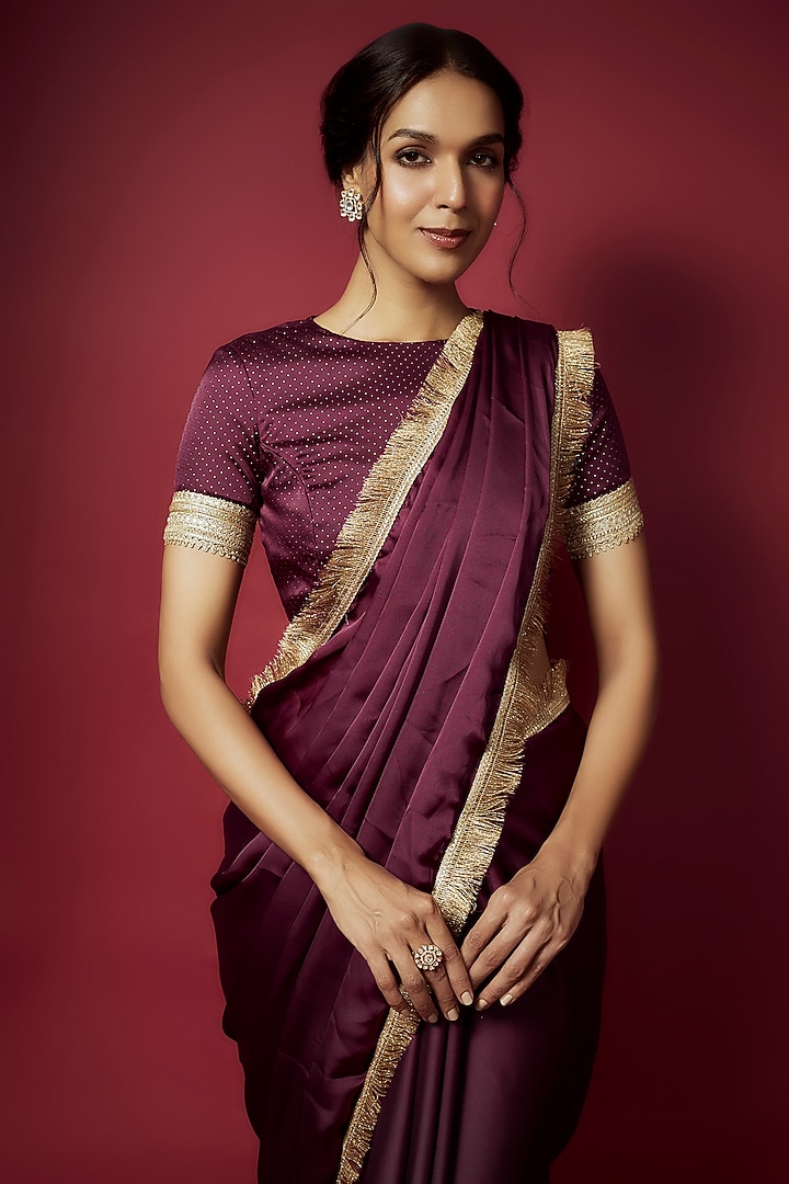 Purple Recycled Polyester Pre-Draped Party Wear Saree Set by Phatakaa at Pernia's Pop Up Shop