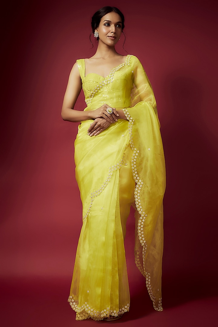 Lime Organza Pearl & Zardosi Embroidered Pre-Draped Saree Set by Phatakaa at Pernia's Pop Up Shop