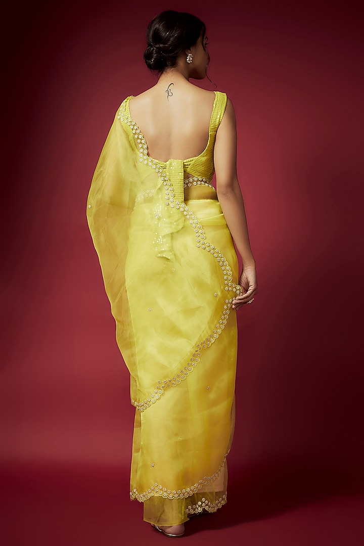 Lime Organza Pearl & Zardosi Embroidered Pre-Draped Wedding Saree Set by Phatakaa at Pernia's Pop Up Shop