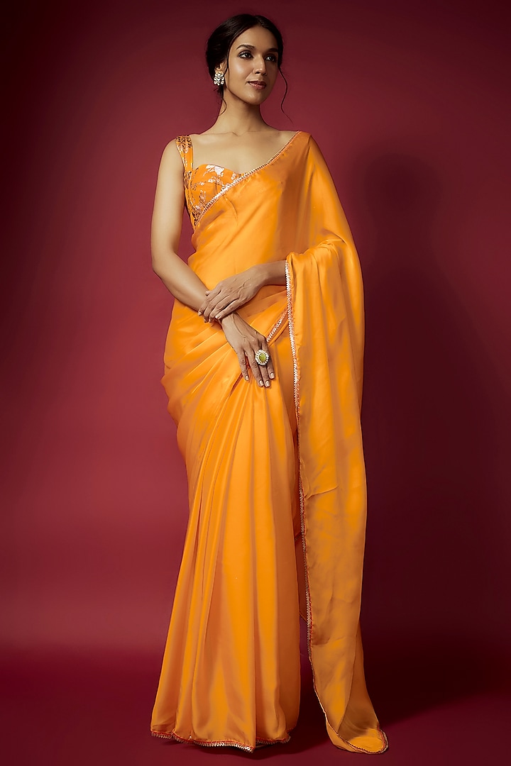 Mustard Yellow Satin Georgette Pre-Draped Saree Set by Phatakaa at Pernia's Pop Up Shop