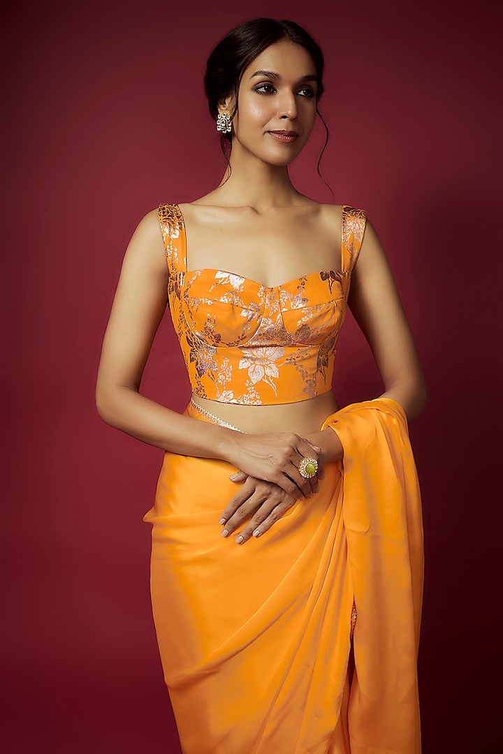 Mustard Yellow Satin Georgette Pre-Draped Party Wear Saree Set by Phatakaa at Pernia's Pop Up Shop