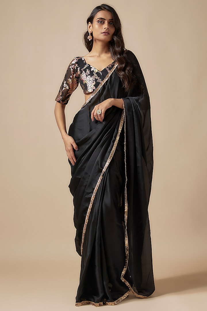 Black Satin Georgette Metallic Embroidered Pre-Draped Saree Set by Phatakaa at Pernia's Pop Up Shop