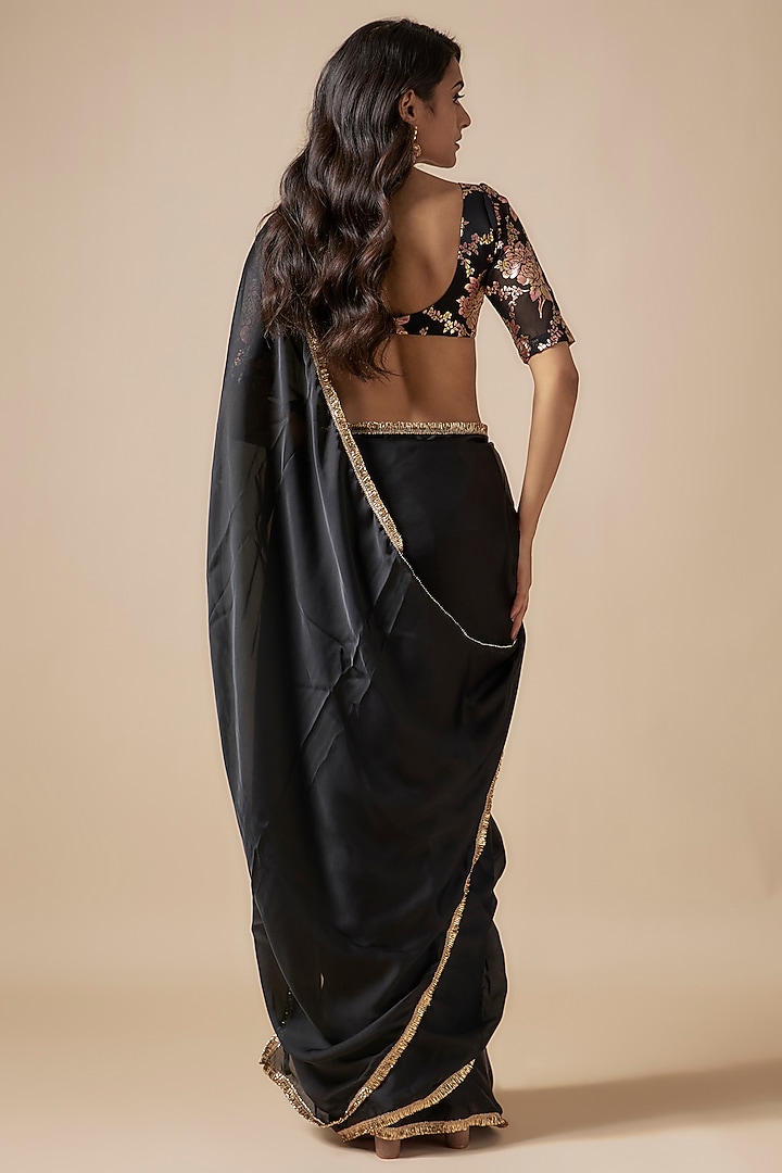 Black Satin Georgette Metallic Embroidered Pre-Draped Party Wear Saree Set by Phatakaa at Pernia's Pop Up Shop
