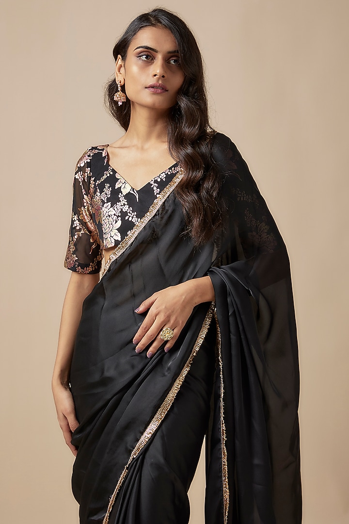 Black Satin Georgette Metallic Embroidered Pre-Draped Party Wear Saree Set by Phatakaa at Pernia's Pop Up Shop