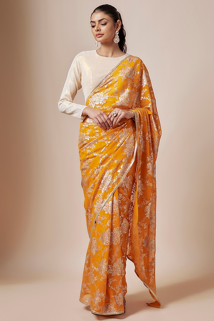 Mango Yellow Recycled Polyester Foil Printed & Metallic Embroidered Pre-Draped Saree Set by Phatakaa at Pernia's Pop Up Shop