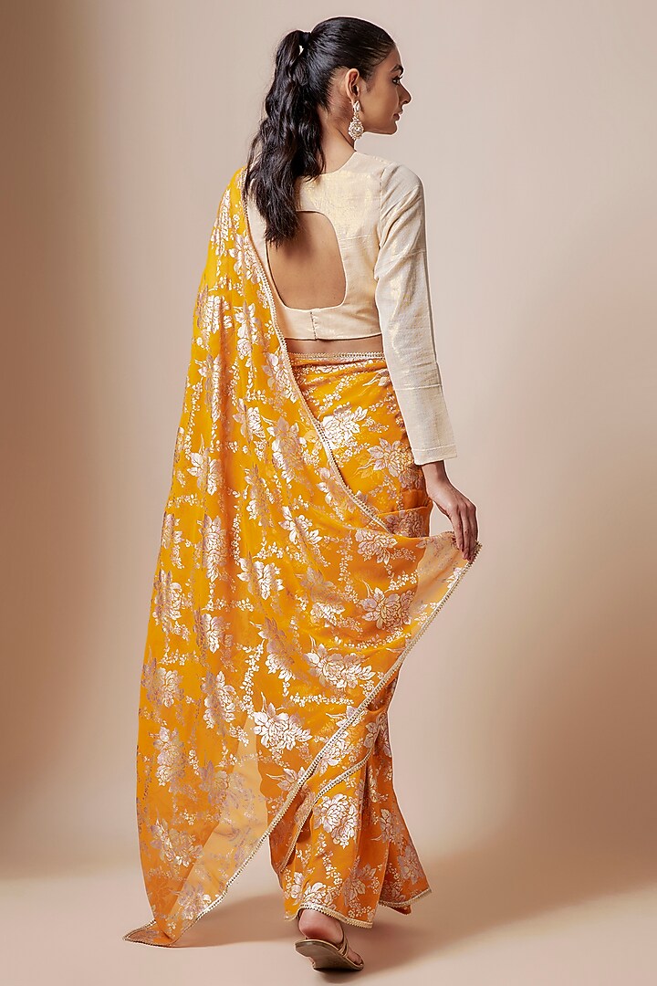 Mango Yellow Recycled Polyester Foil Printed & Metallic Embroidered Pre-Draped Party Wear Saree Set by Phatakaa at Pernia's Pop Up Shop