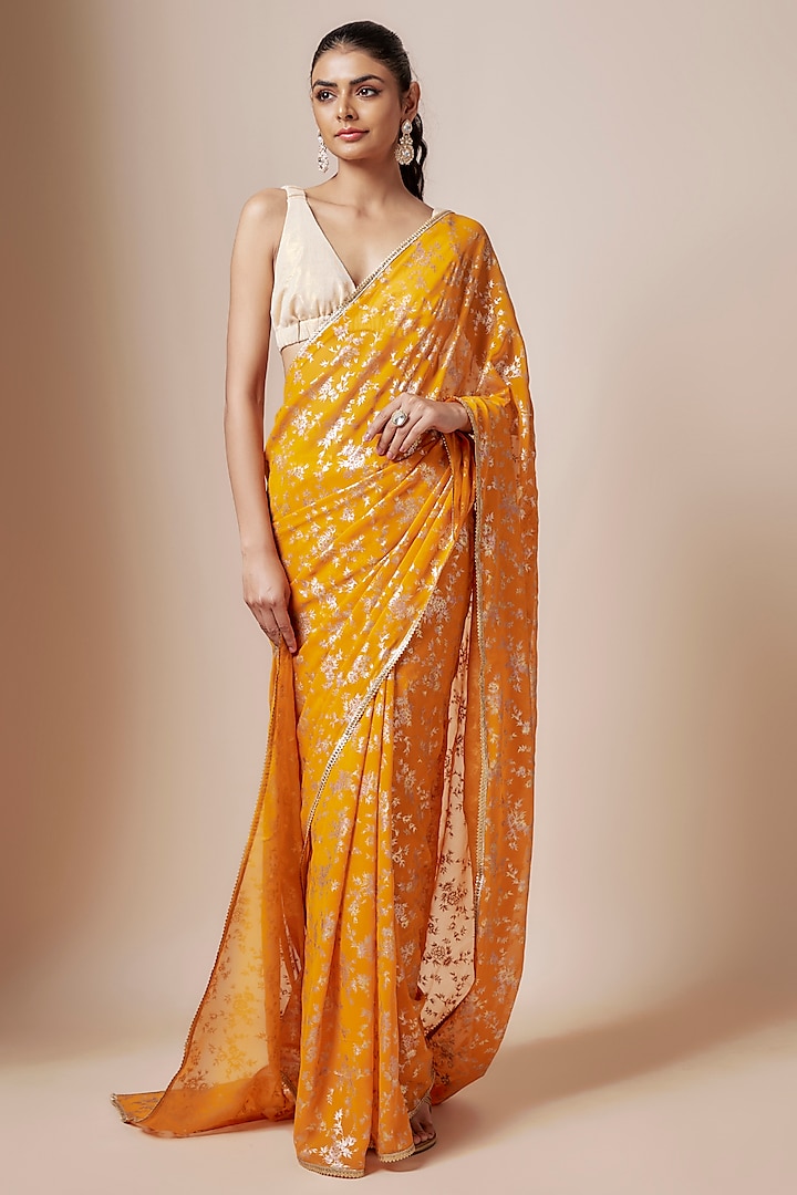 Mango Yellow Recycled Polyester Foil Printed & Metallic Embroidered Pre-Draped Saree Set by Phatakaa at Pernia's Pop Up Shop