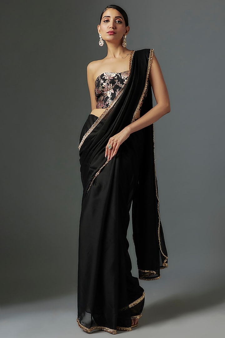 Black Satin Georgette Metallic Pre-Draped Saree Set by Phatakaa at Pernia's Pop Up Shop