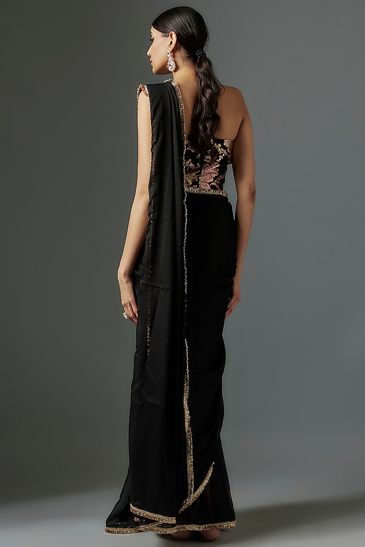 Black Satin Georgette Metallic Pre-Draped Party Wear Saree Set by Phatakaa at Pernia's Pop Up Shop