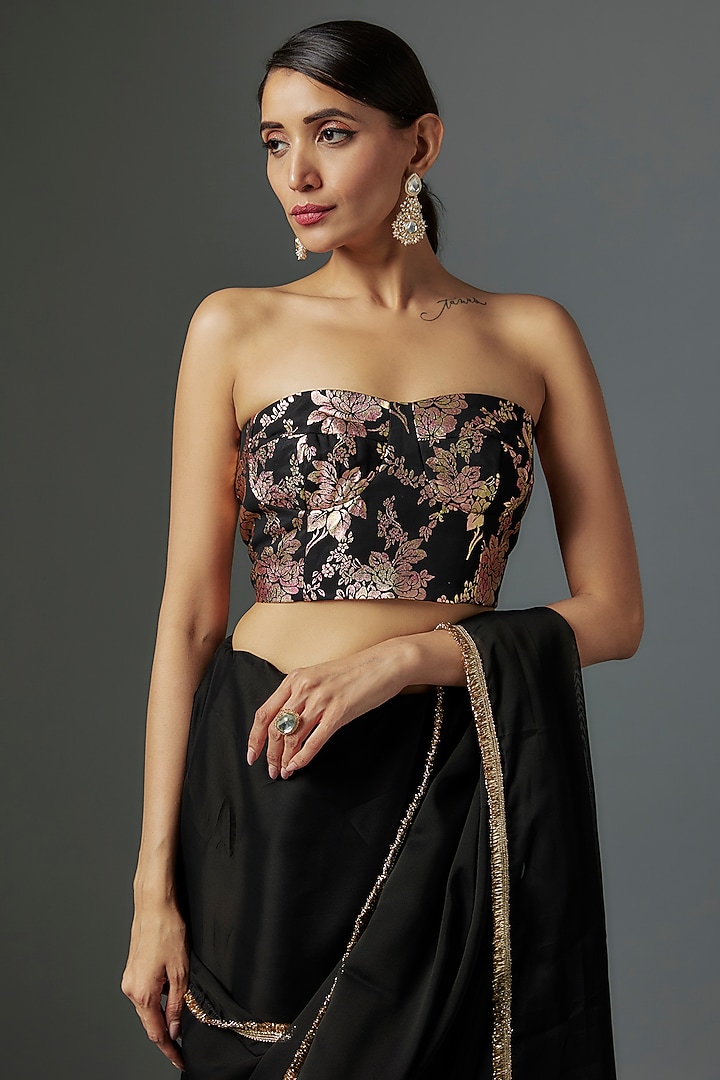 Black Satin Georgette Metallic Pre-Draped Party Wear Saree Set by Phatakaa at Pernia's Pop Up Shop