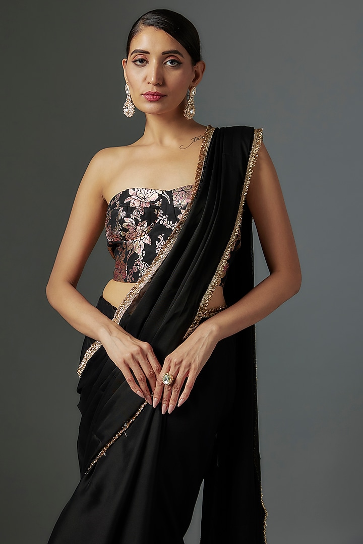 Black Satin Georgette Metallic Pre-Draped Party Wear Saree Set by Phatakaa at Pernia's Pop Up Shop