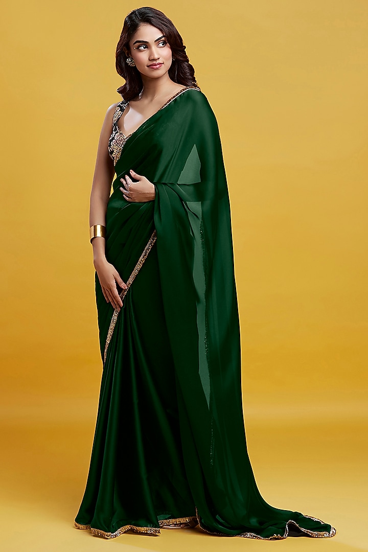 Emerald Green Satin Georgette Pre-Draped Saree by Phatakaa at Pernia's Pop Up Shop