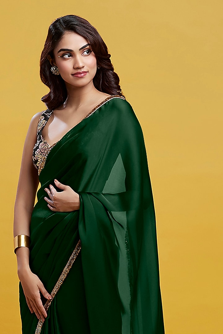 Emerald Green Satin Georgette Pre-Draped Party Wear Saree by Phatakaa at Pernia's Pop Up Shop