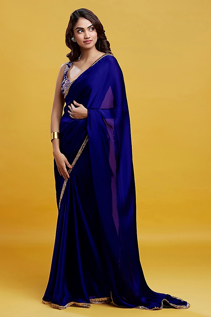 Navy Satin Georgette Pre-Draped Saree by Phatakaa at Pernia's Pop Up Shop