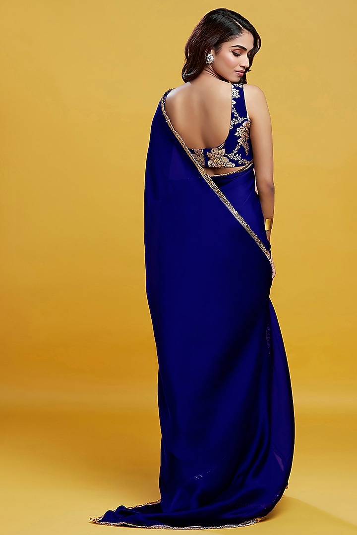 Navy Satin Georgette Pre-Draped Party Wear Saree by Phatakaa at Pernia's Pop Up Shop