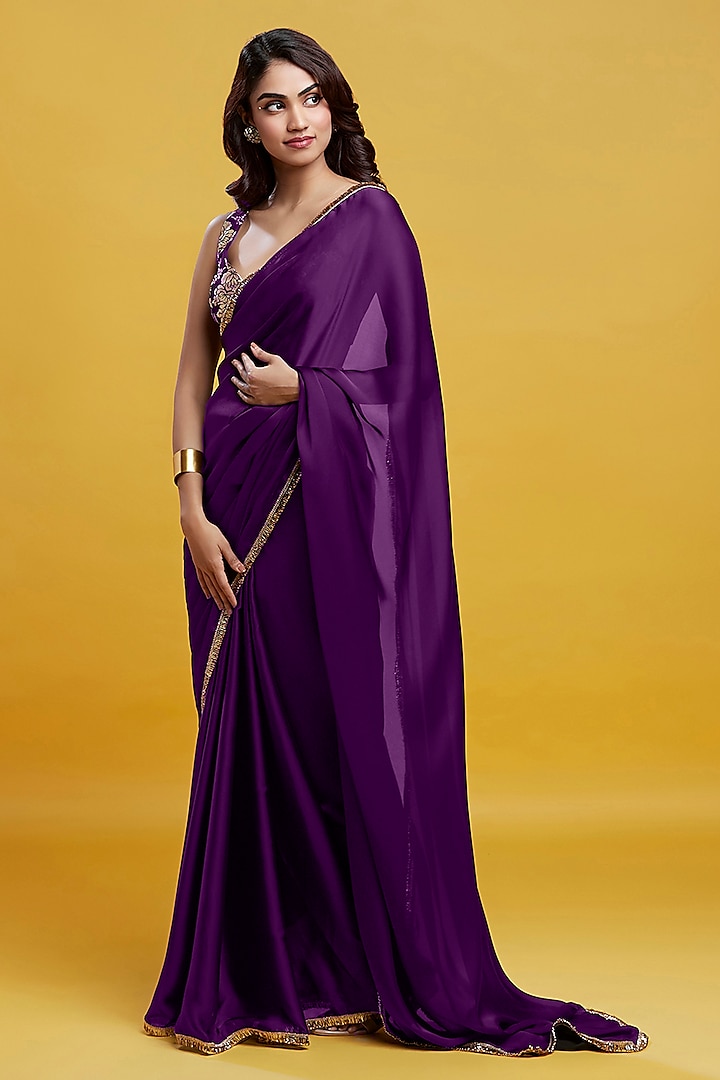 Purple Satin Georgette Pre-Draped Saree by Phatakaa at Pernia's Pop Up Shop