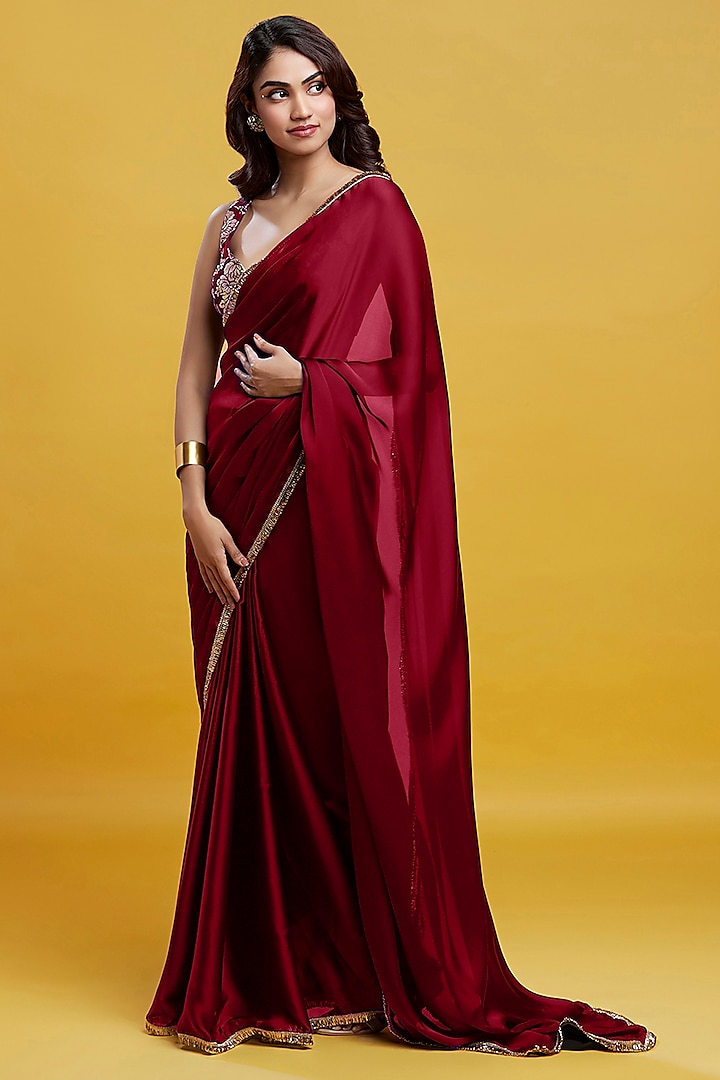 Maroon Satin Georgette Pre-Draped Saree by Phatakaa at Pernia's Pop Up Shop