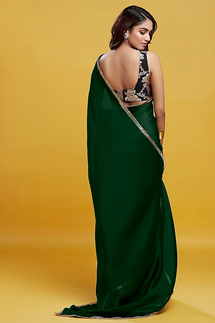 Emerald Green Satin Georgette Pre-Draped Party Wear Saree Set by Phatakaa at Pernia's Pop Up Shop
