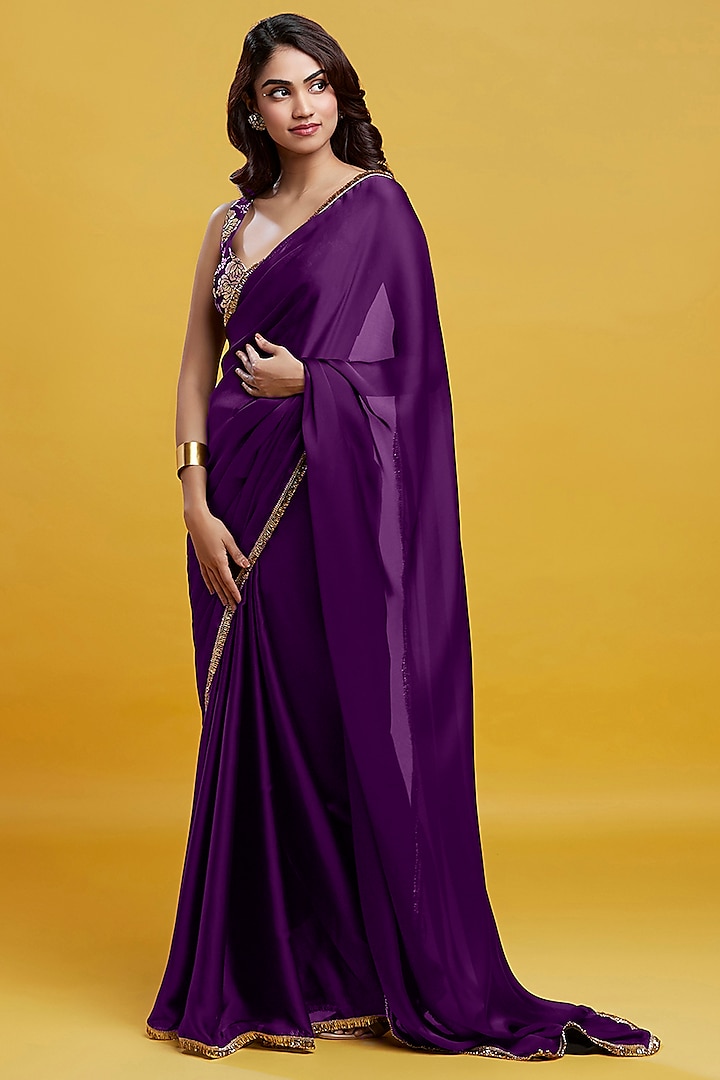 Purple Satin Georgette Pre-Draped Saree Set by Phatakaa at Pernia's Pop Up Shop