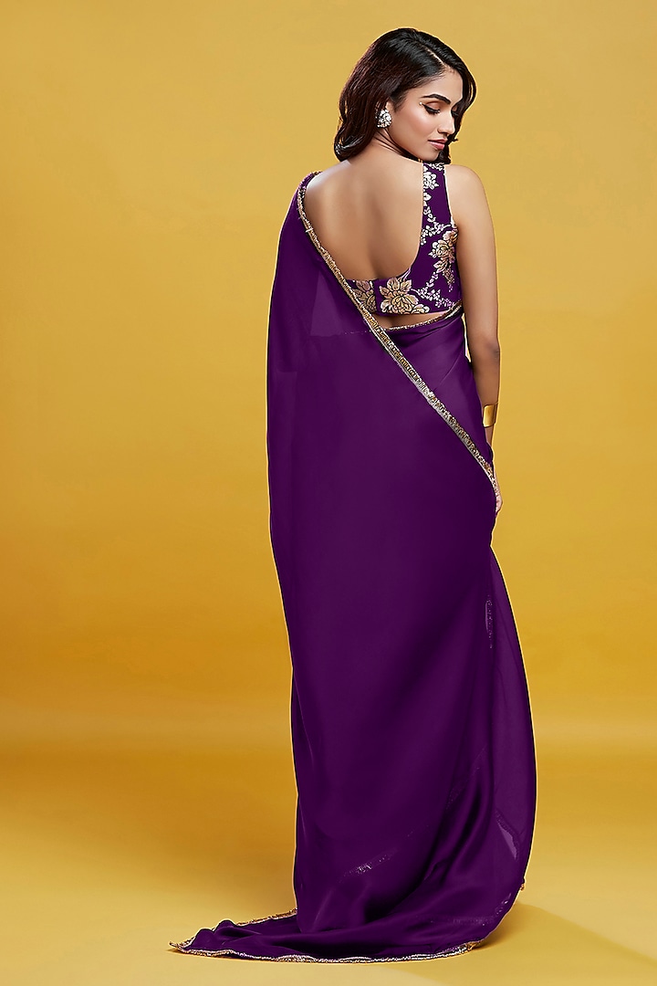 Purple Satin Georgette Pre-Draped Party Wear Saree Set by Phatakaa at Pernia's Pop Up Shop