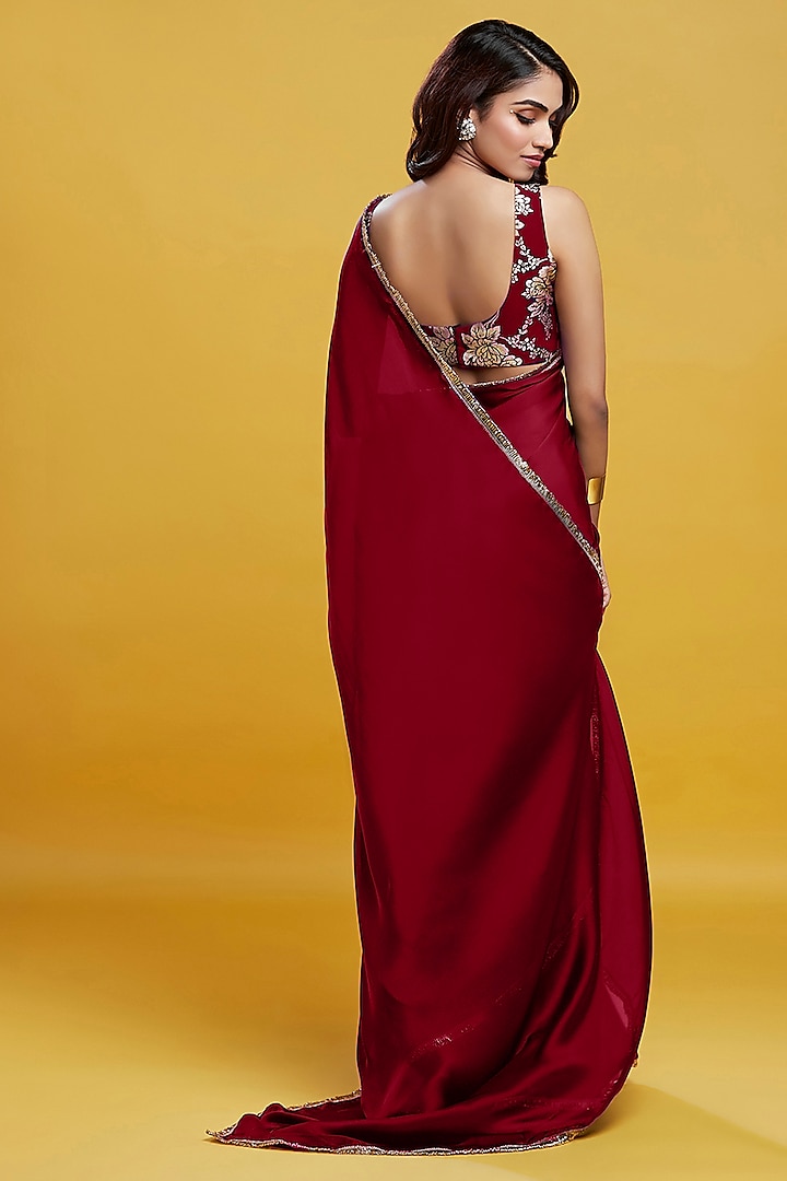 Maroon Satin Georgette Pre-Draped Party Wear Saree Set by Phatakaa at Pernia's Pop Up Shop