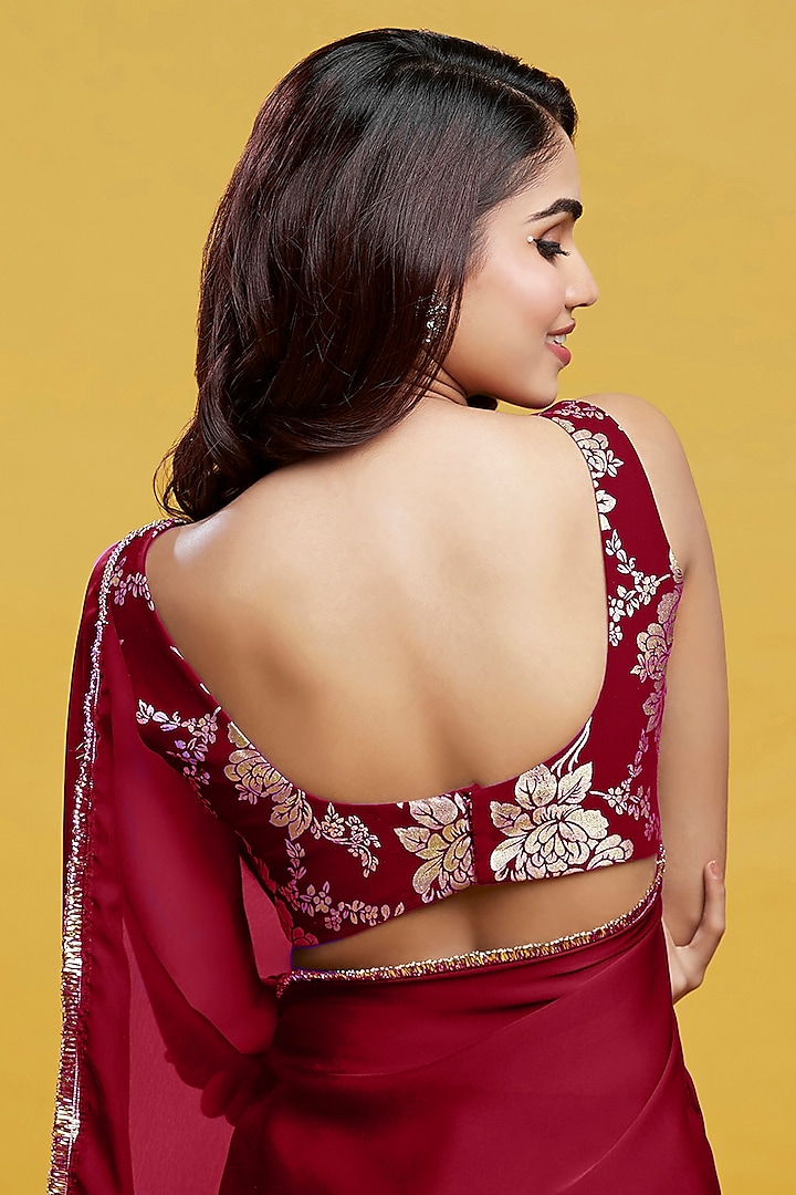 Maroon Satin Georgette Pre-Draped Party Wear Saree Set by Phatakaa at Pernia's Pop Up Shop
