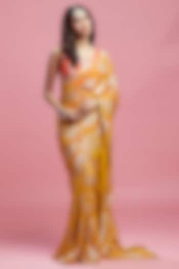 Mustard Satin Georgette & Recycled Polyester Pre-Draped Saree Set by Phatakaa at Pernia's Pop Up Shop