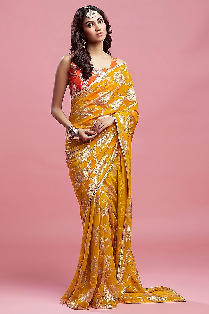 Mustard Satin Georgette & Recycled Polyester Pre-Draped Saree Set by Phatakaa at Pernia's Pop Up Shop