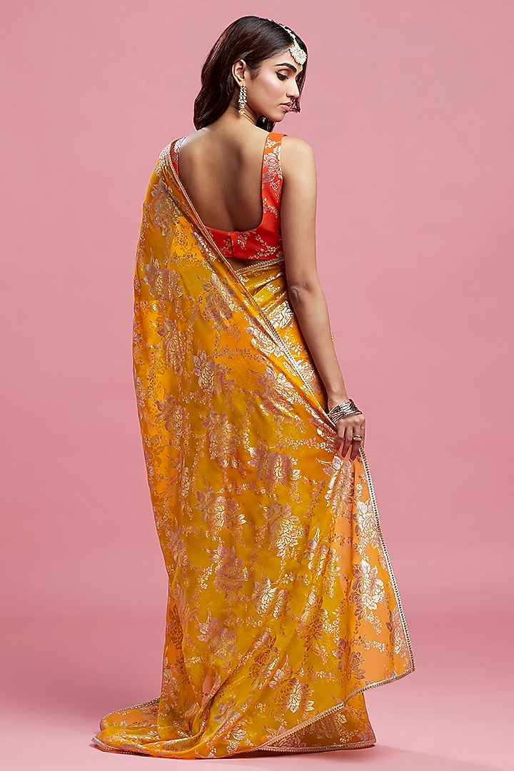 Mustard Satin Georgette & Recycled Polyester Pre-Draped Party Wear Saree Set by Phatakaa at Pernia's Pop Up Shop