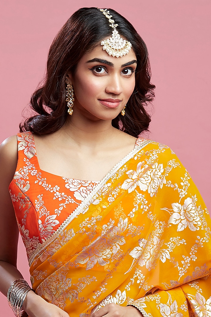 Mustard Satin Georgette & Recycled Polyester Pre-Draped Party Wear Saree Set by Phatakaa at Pernia's Pop Up Shop