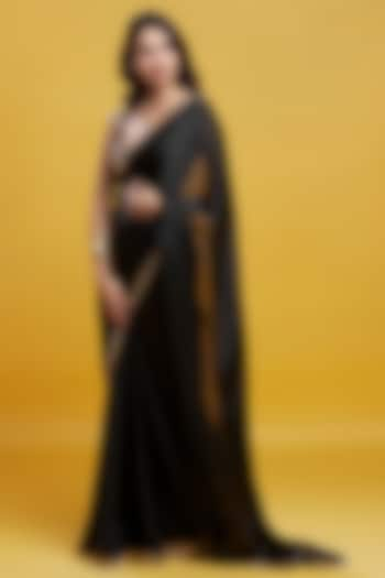 Black Satin Embroidered Pre-Draped Saree Set by Phatakaa at Pernia's Pop Up Shop