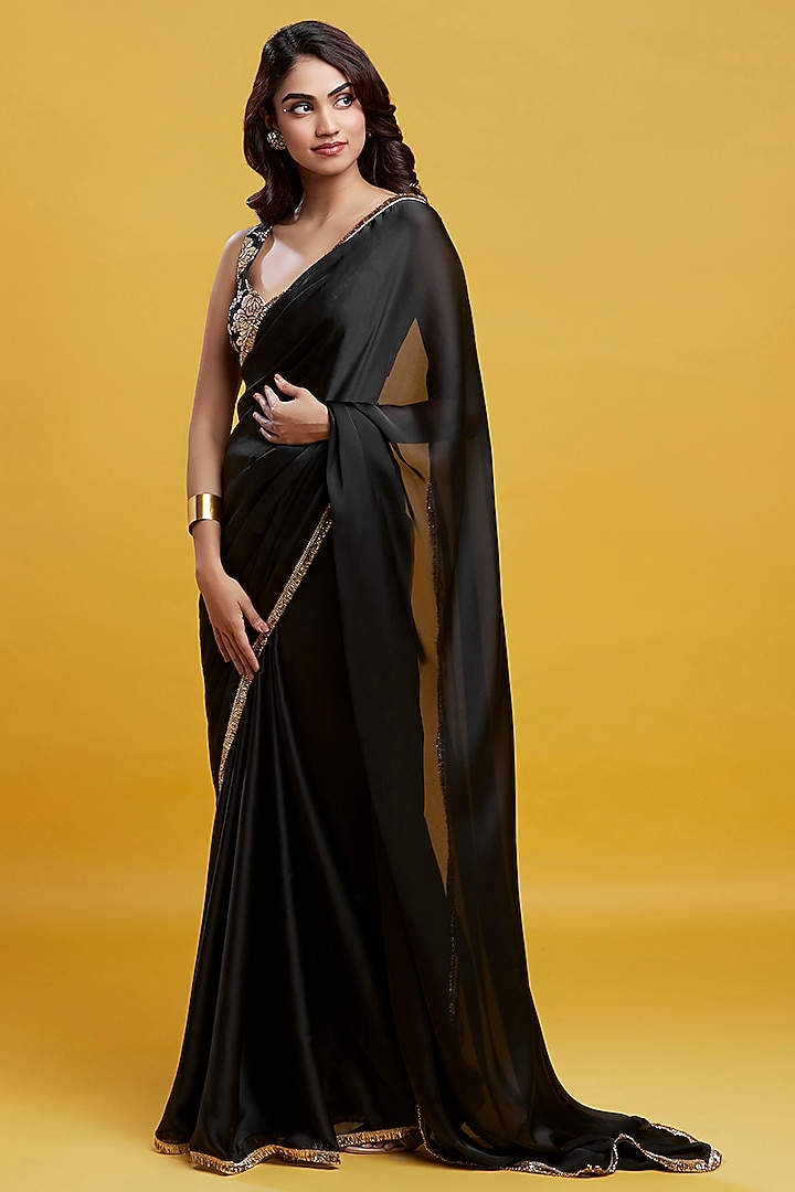 Black Satin Embroidered Pre-Draped Saree Set by Phatakaa at Pernia's Pop Up Shop