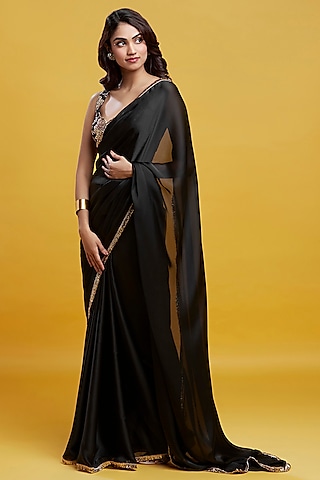 Black Satin Embroidered Pre-Draped Saree Set by Phatakaa
